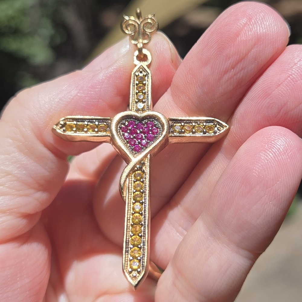 Citrine & Ruby Sterling & Gold Cross W/heart Pendant - Picture 7 of 9